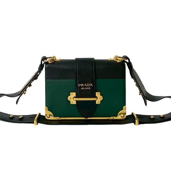 PRADA Cahier Logo Gold Hardware Saffiano Calf Leather Shoulder Bag Green Blac... - Picture 1 of 10